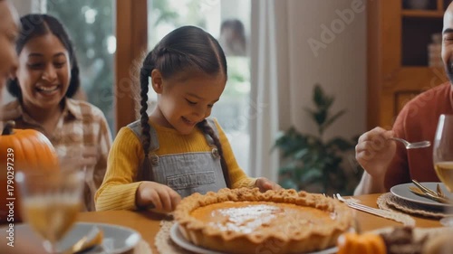 Slow-motion shot of a child placing a pumpkin pie on the dinner table