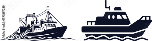 Fishing Trawler and Motorboat Silhouettes on White Background fishing boat ship