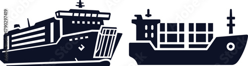 Ferry and Container Ship Icons on White Background cargo transport