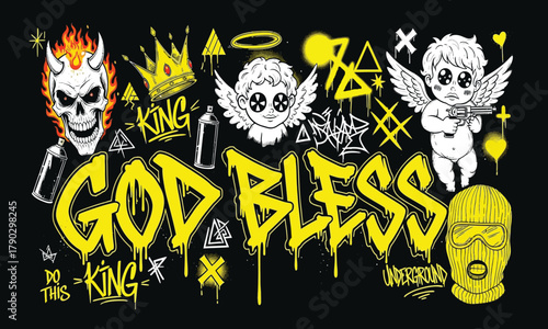 God Bless Graffiti Art with Angels, Skulls, and Street Style Elements