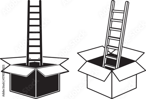 Ladder emerging from open cardboard box silhouette