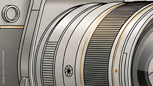 Close-up detail of a modern camera lens with intricate focusing rings and aperture control.