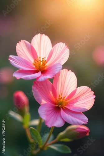 Close-up of delicate pink flowers in soft sunlight, radiating a gentle and serene beauty; a visual representation of quiet joy and pretty happiness , pastel, garden, closeup