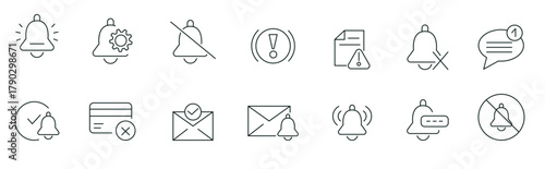 Notification line icons collection. Notification, Reminder, Bells, sound, message, lert, risk, caution, warning, exclamation, alert information and chat outline icon pack. UI thin outline icons pack.