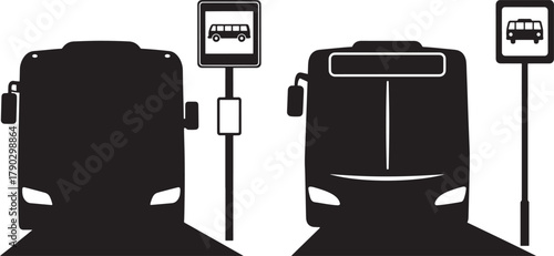 Two buses at a bus stop silhouette