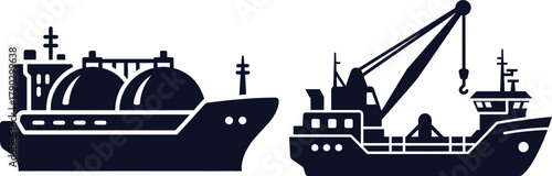 LNG Tanker Ship and Crane Ship with Cargo on White Background Keywords: LNG tanker, ship, crane ship, cargo, maritime, navy
