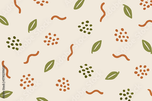Hand-drawn seamless pattern with abstract organic shapes, leaves, and dots. Minimalist background design in a warm, earthy color palette