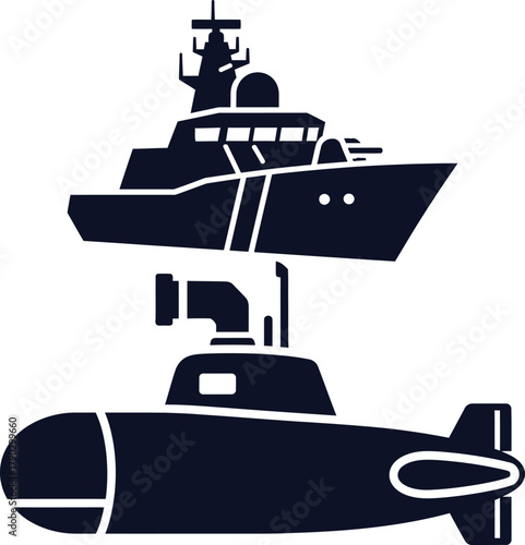 Navy patrol boat and submarine vector illustration on white background Keywords: navy, patrol boat, submarine, warship, military