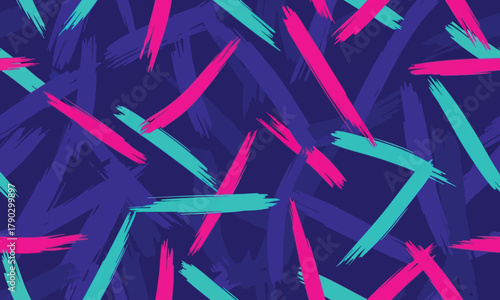 Vibrant 90s inspired seamless pattern with energetic, artistic brush strokes in magenta and cyan on a dark blue background
