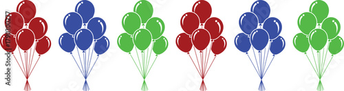 A set of separate bunches of red, blue, and green balloons is depicted against a plain white background.