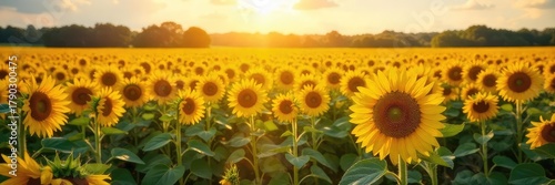 Endless rows of vibrant sunflowers basking in the golden sunlight, creating a breathtaking summer landscape Perfect for nature, agriculture, and summer themes , warmth, plant