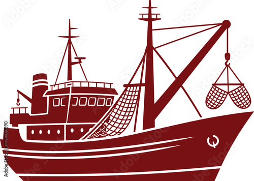 Red Silhouette of a Fishing Trawler with Nets and Crane on White Background fishing boat vessel