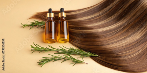 Hair oil serum bottle with fresh rosemary herb and long shiny brown hair strands on beige background, natural beauty care