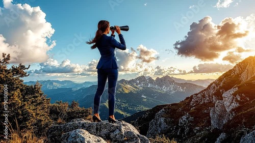Visionary businesswoman on mountain peak using a spyglass to scan the horizon at sunset, symbolizing strategic vision, future exploration, and ambi...