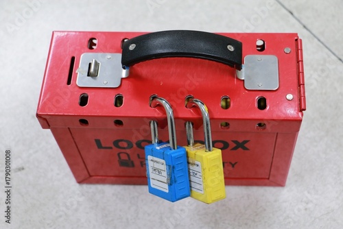 Lock box and switch gear room background ,Lockout Tagout , Electrical safety system.Key lock switch or circuit breaker for safety protect.in electric room