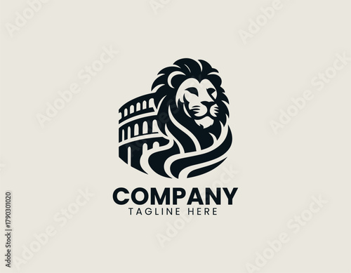 Majestic lion head silhouette vector logo illustration with flowing mane integrated with Roman Colosseum structure