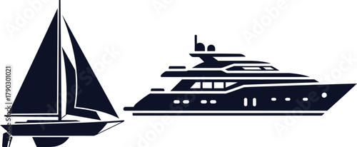 Sailboat and Luxury Yacht Silhouettes on White Background vessel ship