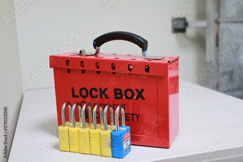 Lock box and switch gear room background ,Lockout Tagout , Electrical safety system.Key lock switch or circuit breaker for safety protect.in electric room