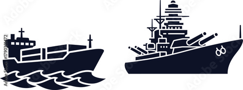 Silhouette icons of a cargo ship and a battleship on a white background Keywords: cargo ship, container ship, battleship, warship