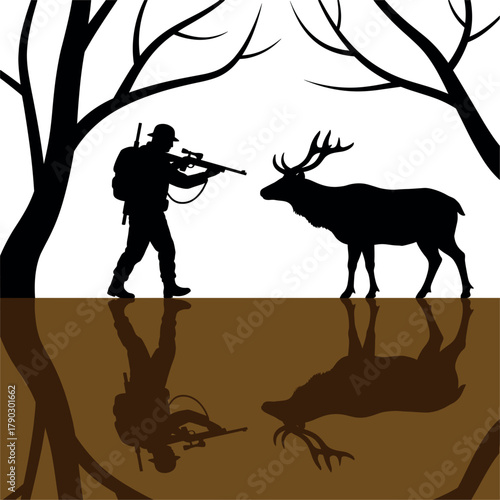 Silhouette hunter aims rifle at elk with reflection in brown ground aiming