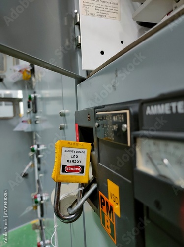 Lockout Tagout , Electrical safety system.Key lock switch or circuit breaker for safety protect.in electric room	

