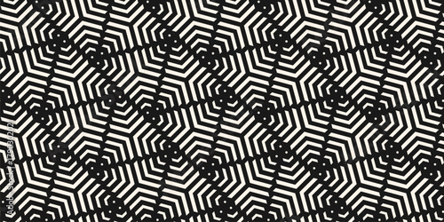 Vector geometric seamless pattern with lines, stripes, triangles, arrows, diagonal grid, lattice, net. Black and white abstract background. Simple minimal ornament texture. Modern repeated geo design