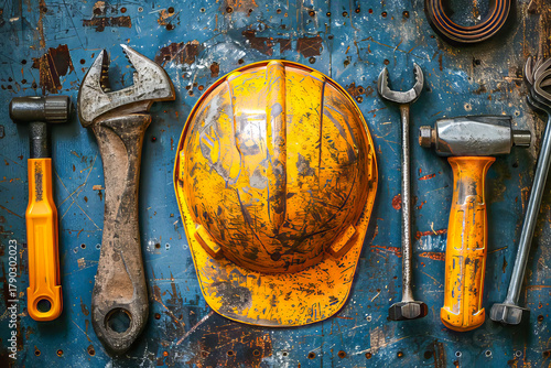Dirty hard hat and tools for construction labor day