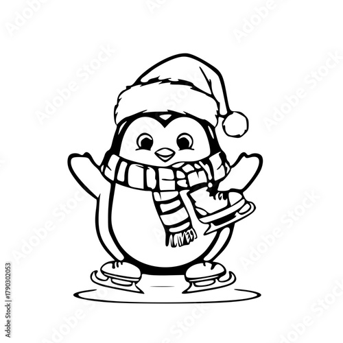 Winter Penguin: A charming penguin, adorned in a festive hat and scarf, stands proudly on ice skates, ready to embrace the chilly season.