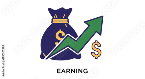 Bag of money with a rising arrow graph indicating financial growth and profit