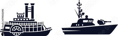 Silhouette icons of a paddle steamer and a patrol boat on a white background Keywords: paddle steamer, steamship, steamboat
