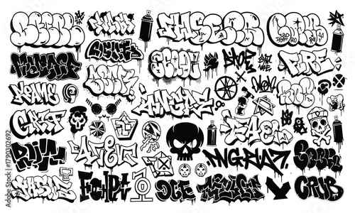 Graffiti Art Collection Urban Typography and Street Style Elements in Black and White