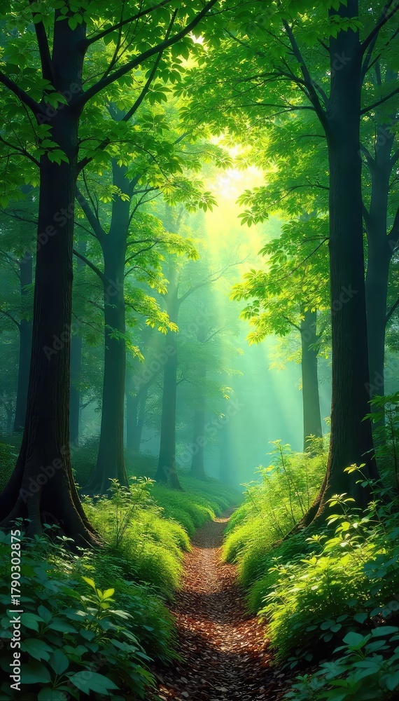 Fototapeta premium Lush green forest canopy in summer, dappled sunlight filtering through leaves, vibrant foliage, peaceful serene woodland scene , trees, wild