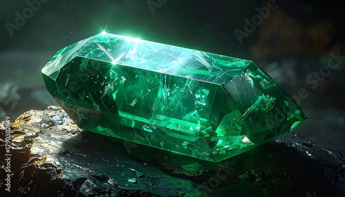 Wallpaper Mural Brilliant emerald crystal on rough dark stone, softly lit and glowing with internal light Torontodigital.ca
