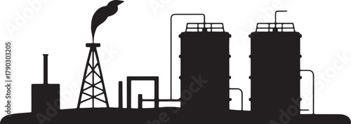 Silhouette industrial plant with oil derrick and smoke in chemical industry
