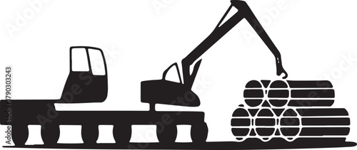 Silhouette log truck crane for loading of wood material in storage area