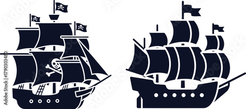 Silhouette Icons of Two Pirate Ships with Jolly Roger Flags on White Background sailing ship