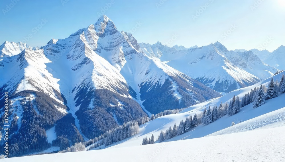 Obraz premium Majestic snow-covered mountain range with pristine slopes perfect for skiing, untouched powder, winter wonderland, idyllic scene , sky, trees, green