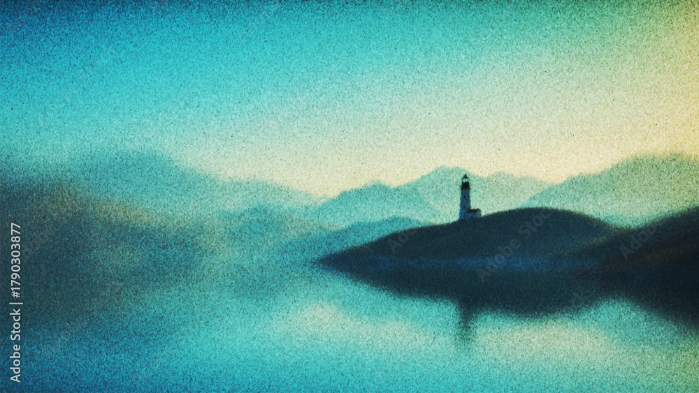 Fototapeta premium Dreamy seascape with lonely lighthouse on misty hill with nostalgic grainy texture created from thousands of individual dots. Peaceful coastal landscape. Melancholic atmosphere for meditation visuals