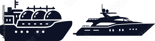 Silhouette of a Cargo Ship with Spheres and a Luxury Yacht on White Background boat vessel
