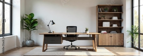 Modern office setup featuring a sleek desk, ergonomic chair, and stylish shelving unit, ideal for a productive workspace , office equipment, desk, office decor