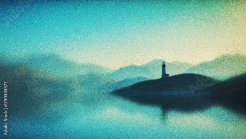 Dreamy seascape with lonely lighthouse on misty hill with nostalgic grainy texture created from thousands of individual dots. Peaceful coastal landscape. Melancholic atmosphere for meditation visuals