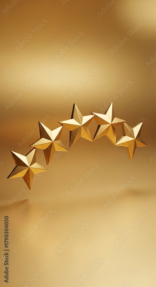 Fototapeta premium Five golden stars curve across a warm golden background, symbolizing success and achievement