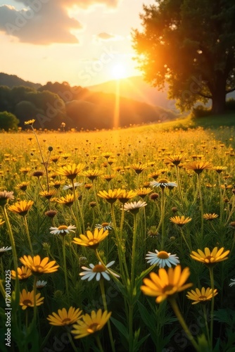 Radiant sunlight bathes a landscape in golden hues, casting long shadows across a sun-drenched field of wildflowers Perfect for summer, nature, and warmth themes , intense, power