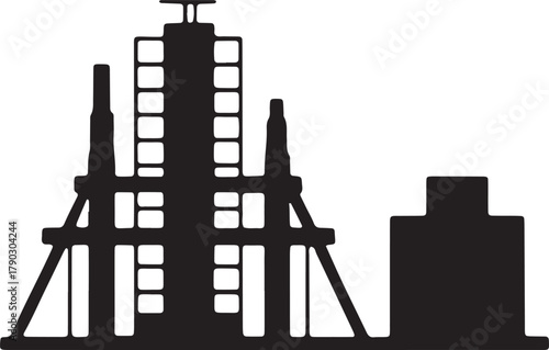 Silhouette Of Oil Refinery Or Oil Field Industrial Zone With Buildings And Pipelines