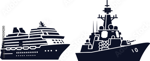 Silhouette of a cruise ship and a warship on a white background navy military