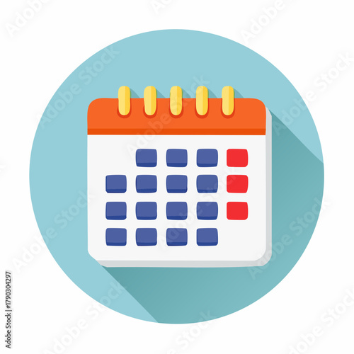 Flat design illustration of a calendar icon with orange top and yellow rings on a light blue circle background.