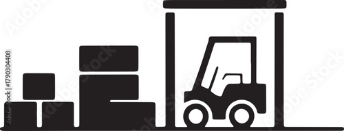 Black Silhouette Of Forklift Truck And Stack Of Boxes In Storage Isolated On White