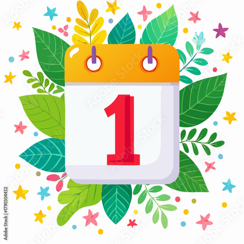 Colorful illustration of a calendar page with the number 1, surrounded by leaves and stars on a white background with a festive mood.