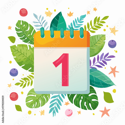 Colorful illustration of a calendar page with the number one surrounded by tropical leaves and decorative elements on a white background.
