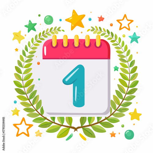 Illustration of a calendar page with the number 1, surrounded by colorful stars and a laurel wreath on a white background.